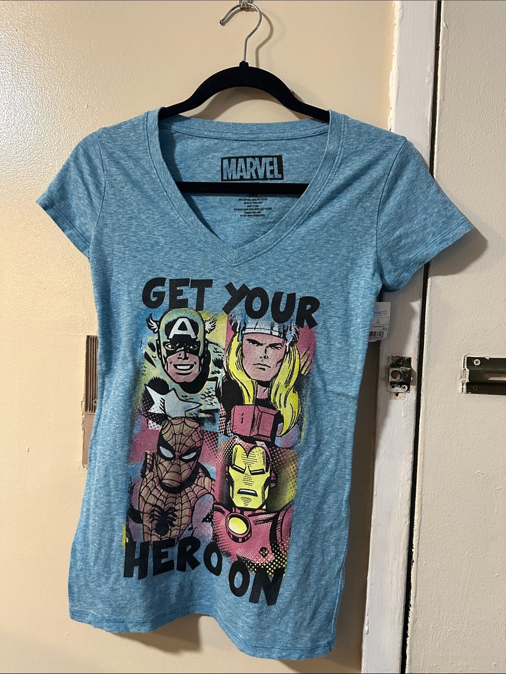 Marvel Light Blue 'Get Your Hero On' Comic Character Tee
